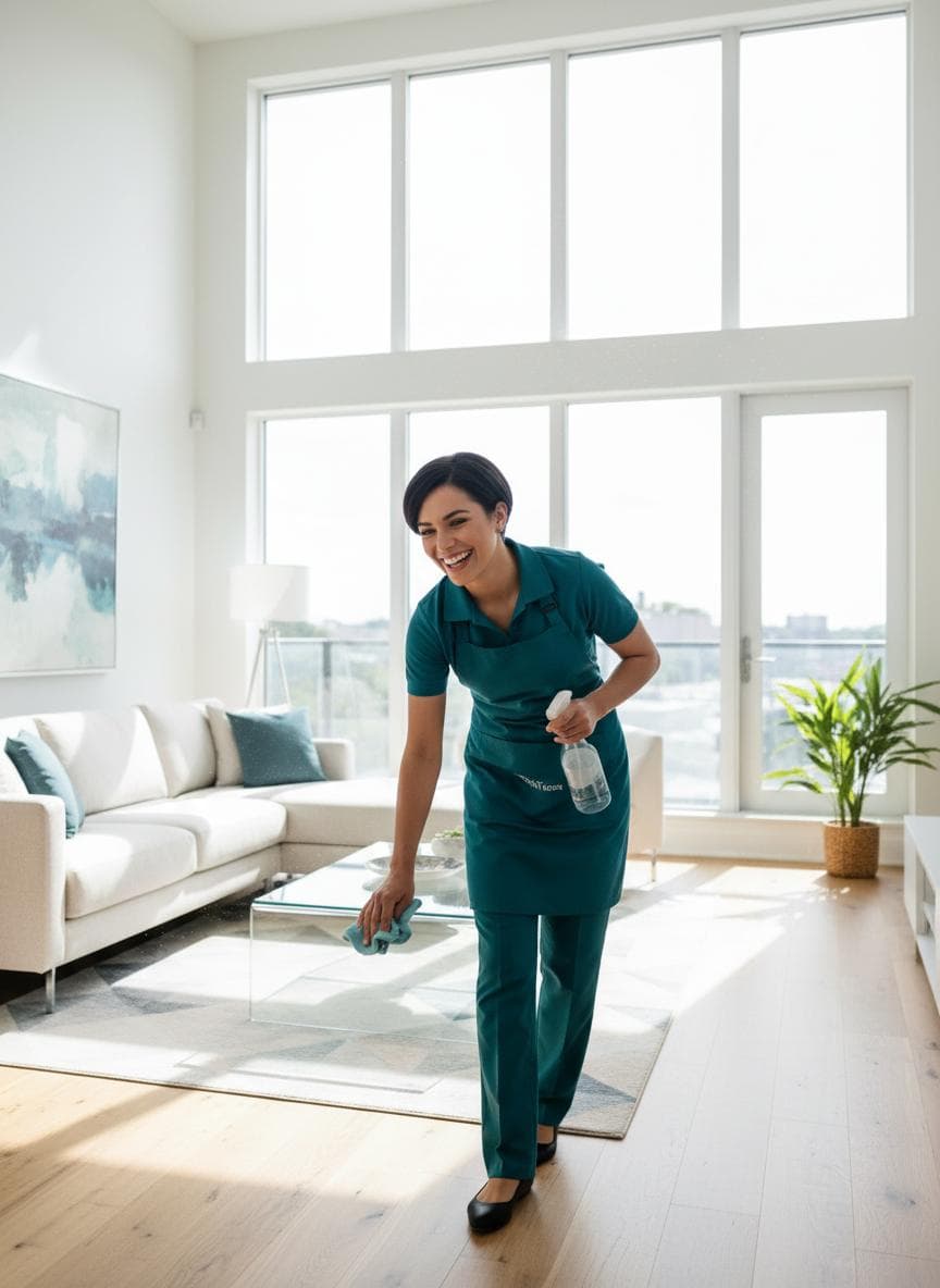 Cleaner working inside a bright living room